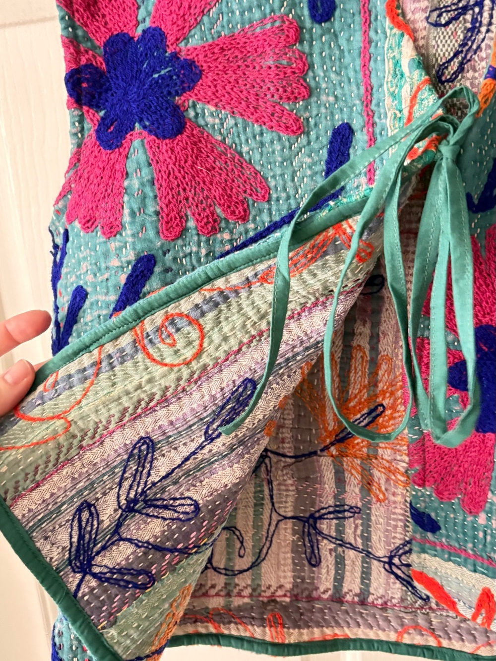 Hand-Embroidered Aqua Floral Sleeveless Top